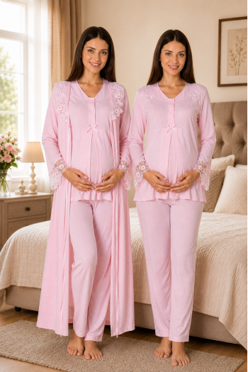 Effortt 2424 Pembe Lohusa Hamile Pijama Takım Sabahlık Takım